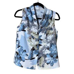DAZY Shawl Collar Sleeveless Blue Floral Top Size Small